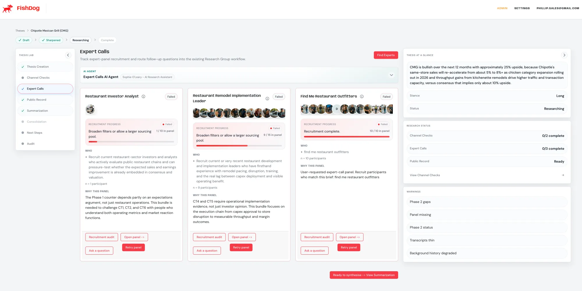 Expert Calls dashboard: synthetic cohort interviews running in parallel