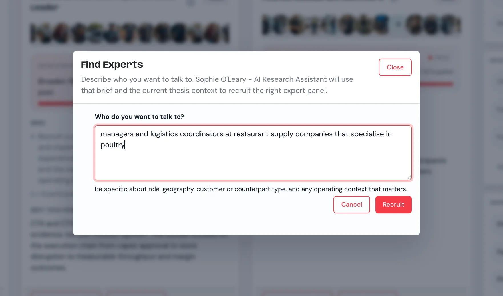 Find Experts modal: describing the cohort to recruit in plain English